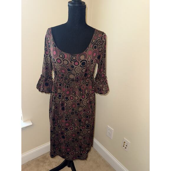 MAX EDITION Size L A-Line Dress Brown Red 70s Y2K Groovy 3/4 Sleeve Stretch Sm - Picture 1 of 5